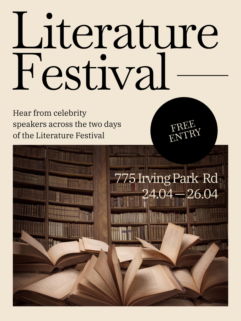 Literature Festival Announcement with Open Books Poster US Design Template
