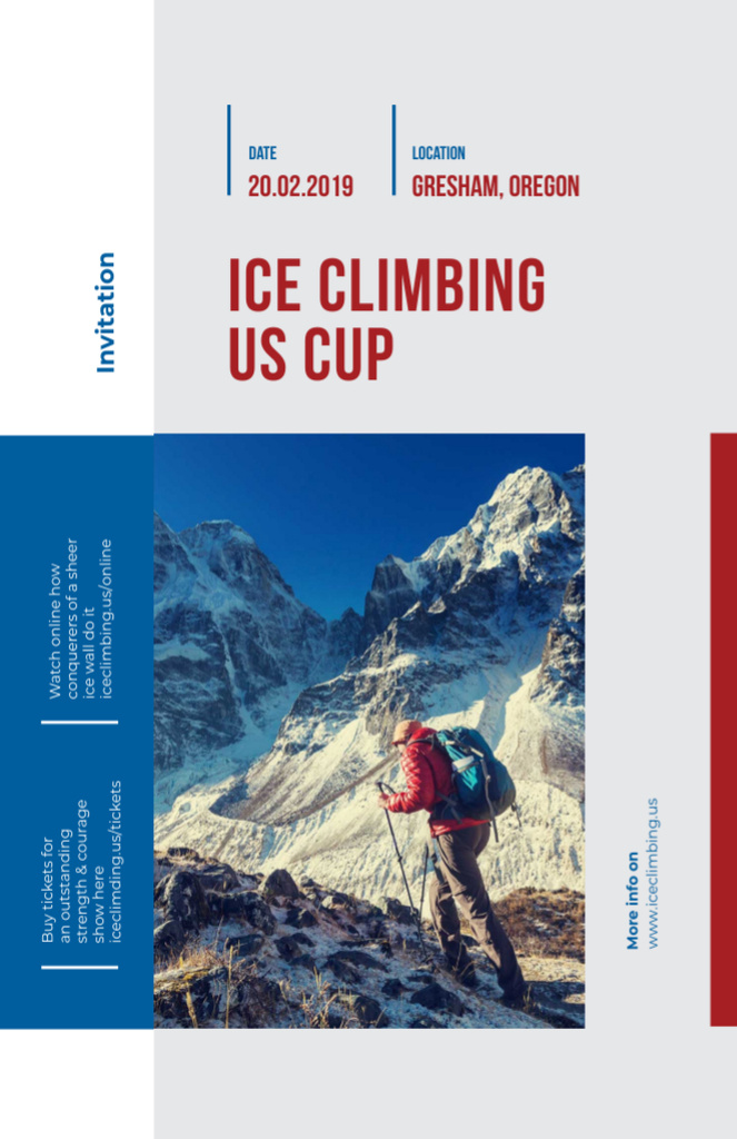 Platilla de diseño Tour Ad with Climber Walking On Snowy Peak Invitation 5.5x8.5in