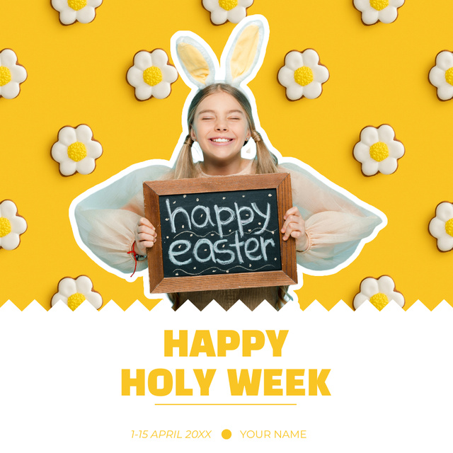 Happy Easter Wishes with Cute Child Wearing Bunny Ears Instagram Modelo de Design
