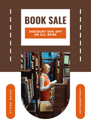 Book Sale Announcement with Woman in Library Poster Design Template