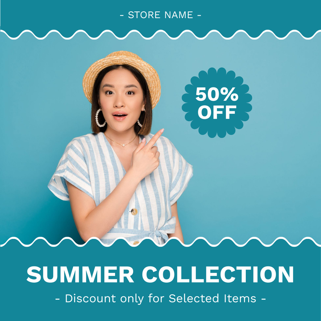 Asian Woman on Summer Fashion Sale Ad Instagram tervezősablon