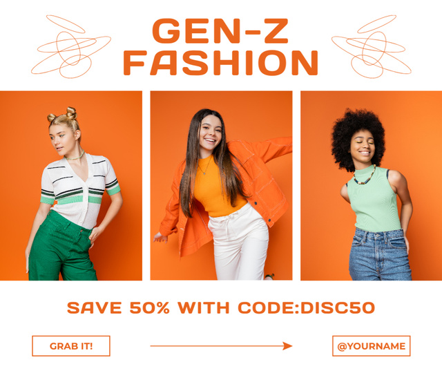 Gen Z Fashion Ad with Young Girls in Bright Clothes Facebook Šablona návrhu