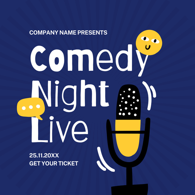 Designvorlage Comedy Night Live Event Announcement with Microphone in Blue für Podcast Cover
