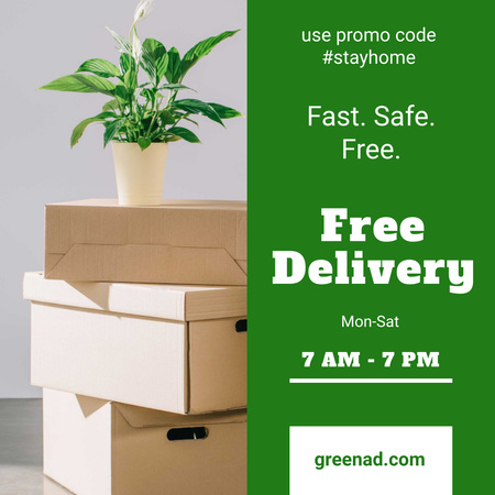 #StayHome Delivery Services offer with boxes and plant Instagram Design Template