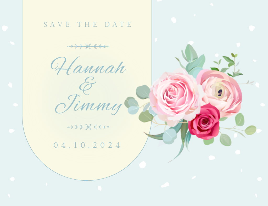 Plantilla de diseño de Wedding Party Notification with Beautiful Flowers on Blue Thank You Card 5.5x4in Horizontal 