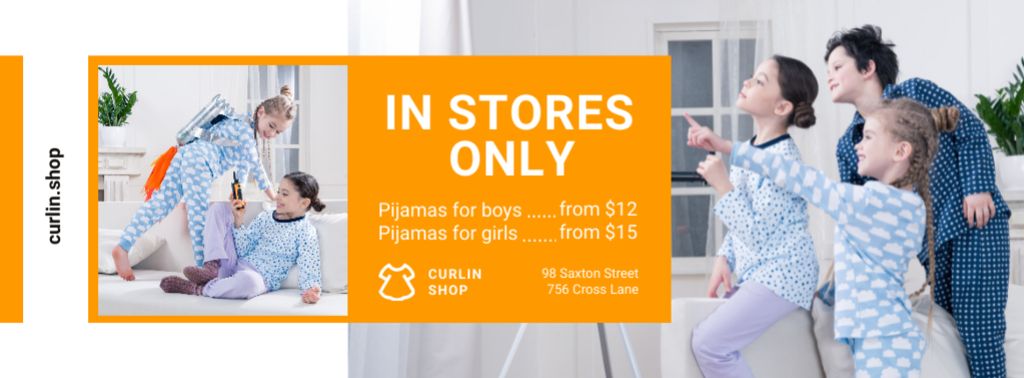 Pajama Store Ad with Happy Kids at Home Facebook coverデザインテンプレート