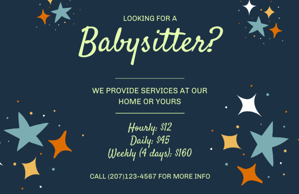 Babysitting Services with Bright Stars Illustration Flyer 5.5x8.5in Horizontal Modelo de Design