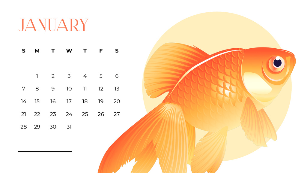 Cute Illustration of Golden Fish Calendar Tasarım Şablonu