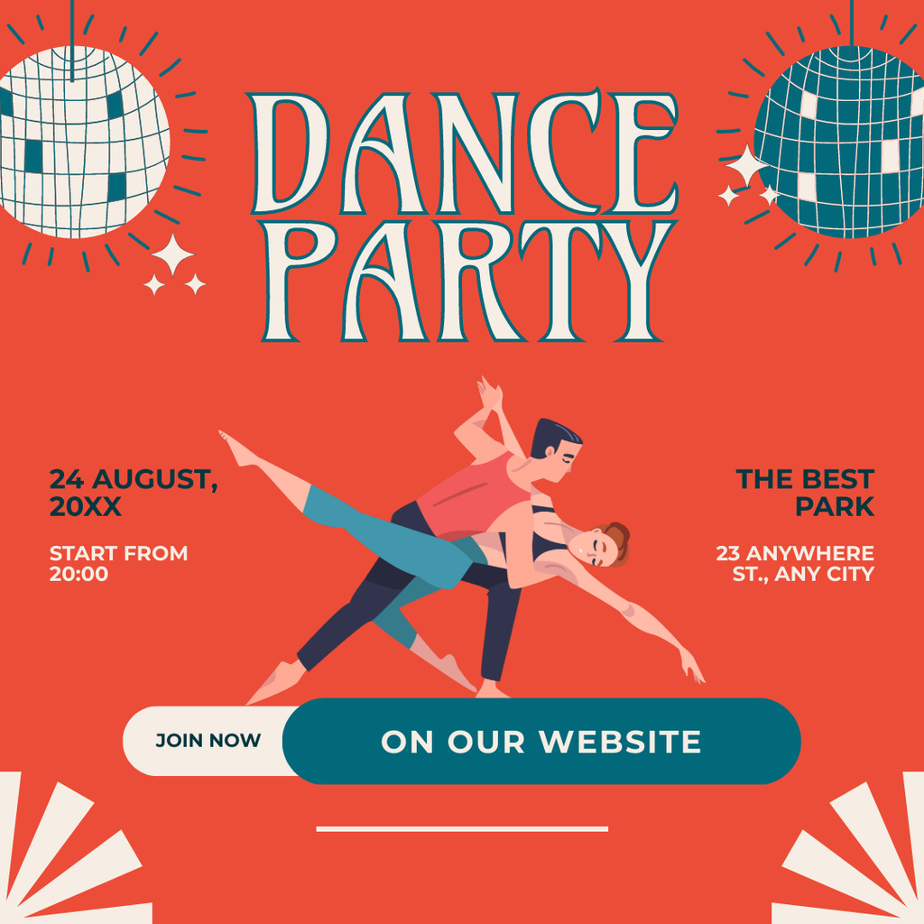 Dance Party Announcement with Illustration of Dancing Couple Instagramデザインテンプレート