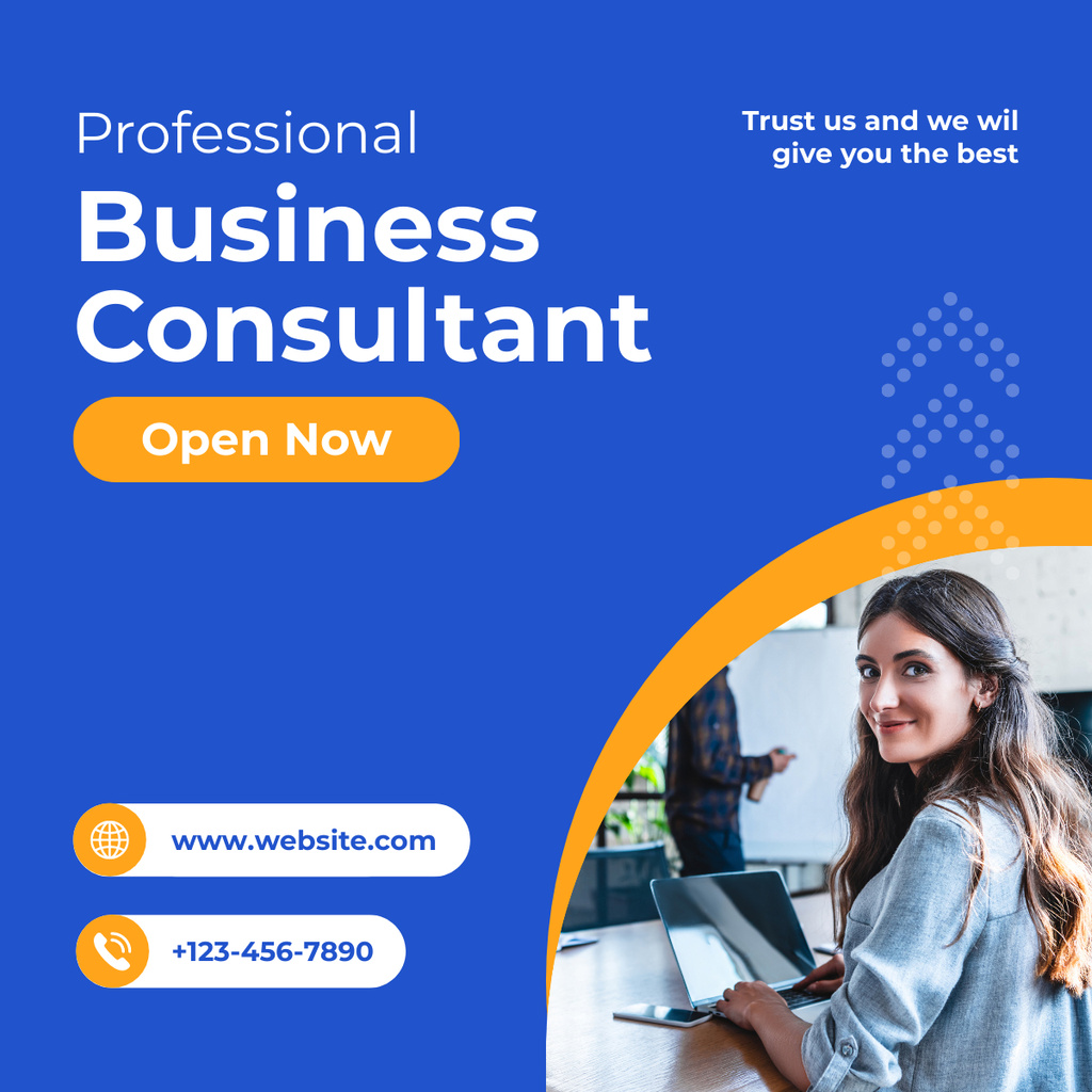 Template di design Services of Business Consulting with Woman using Laptop LinkedIn post