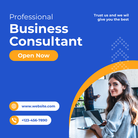 Services of Business Consulting with Woman using Laptop LinkedIn post tervezősablon
