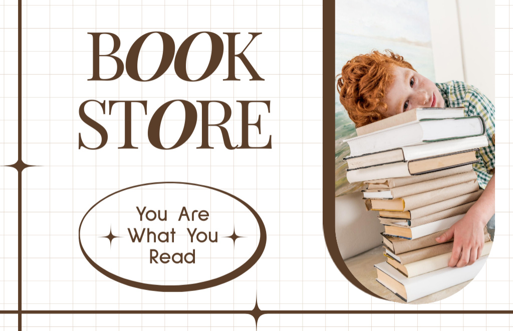 Bookstore Ad with Boy with Stack of Books Business Card 85x55mm – шаблон для дизайну