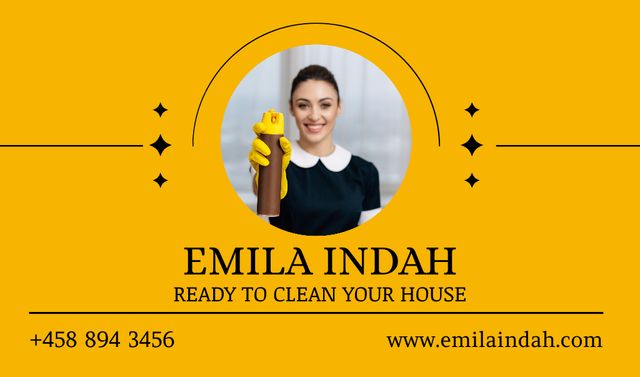Ontwerpsjabloon van Business card van Cleaning Services Ad with Smiling Maid