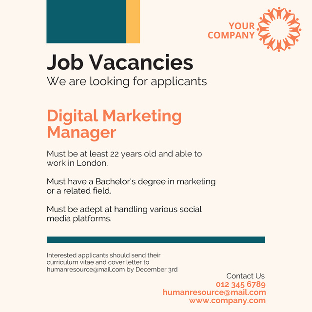 Plantilla de diseño de Job Vacancies in Marketing Instagram 