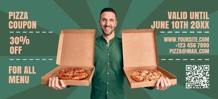 Template di design Mudchin giovane attraente con due scatole di pizza Coupon 3.75x8.25in