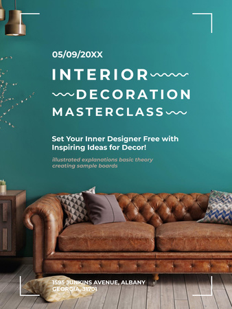 Modèle de visuel Annonce d'une masterclass de design d'intérieur avec un canapé marron - Poster US