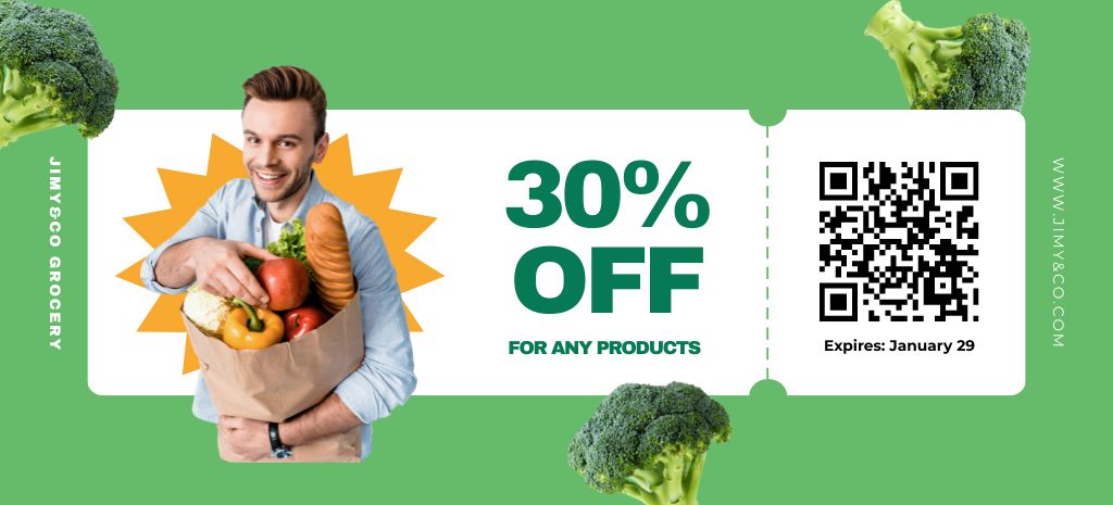 Grocery Store Discount Offer on All Products with Fresh Broccoli Coupon 3.75x8.25in tervezősablon