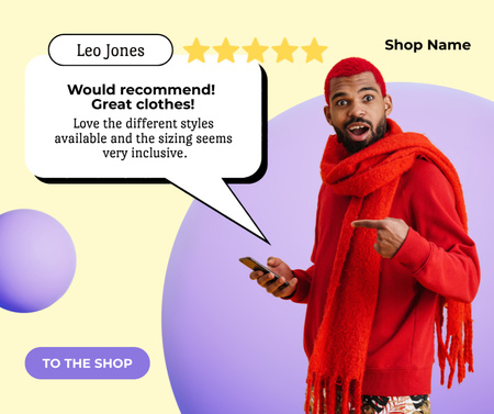 Clothing Store Review with Guy in Bright Red Outfit Facebook Design Template