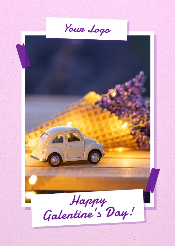 Galentine's Day Greeting with Cute Decorations in Purple Frame Postcard 5x7in Vertical Design Template