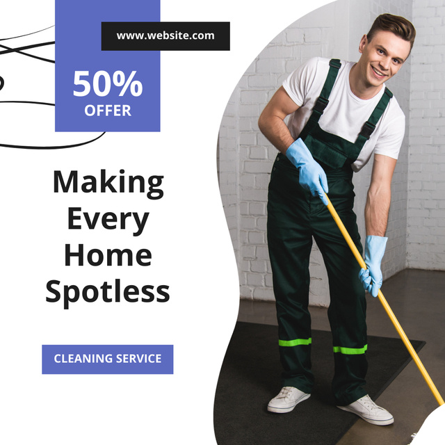 Reliable Cleaning Service Ad with Man in Uniform Instagram Design Template
