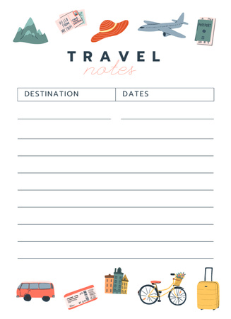 Travel Planner With Travelling Icons Set Notepad 4x5.5in Tasarım Şablonu