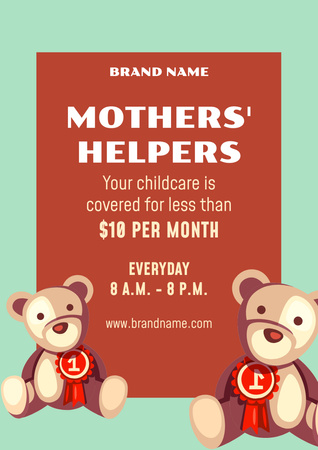 Babysitting Services Offer with Cute Toy Bears Poster A3 Πρότυπο σχεδίασης