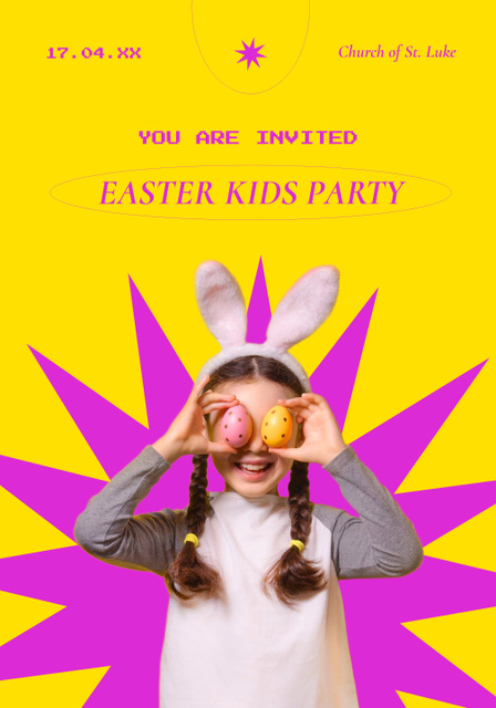 Easter Party Invitation with Funny Little Girl with Colored Eggs Poster 28x40in Design Template