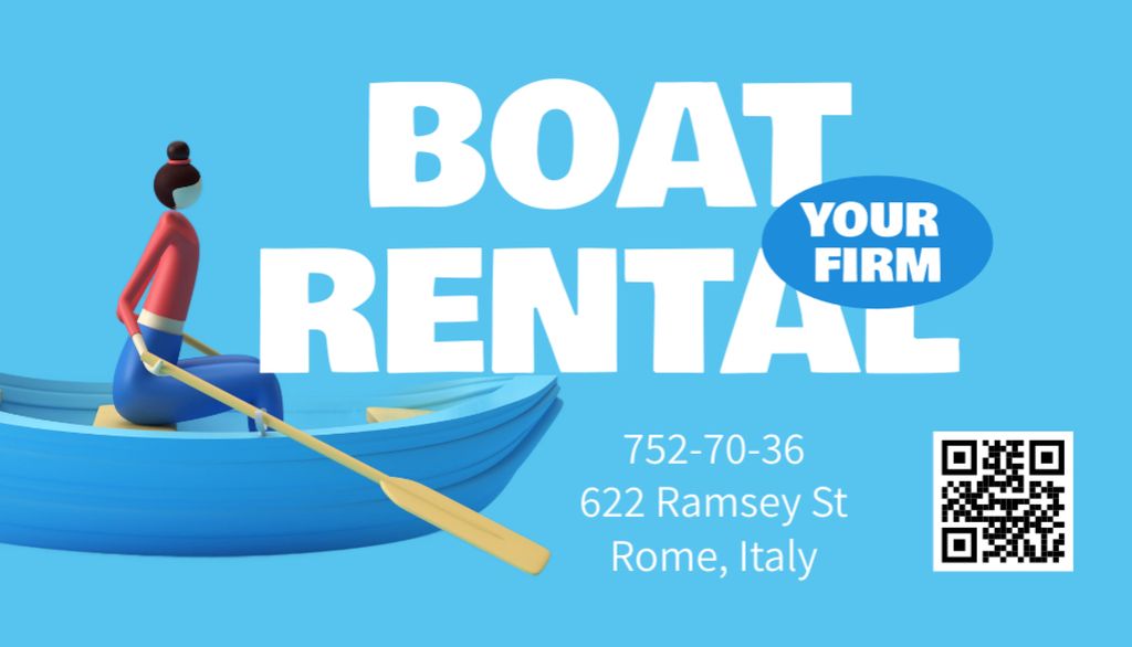 Boat Rental Offer with Girl and Oars Business Card US Πρότυπο σχεδίασης