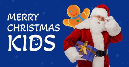 Plantilla de diseño de Christmas Wishes for Kids with Cute Santa Claus on Blue Facebook AD 