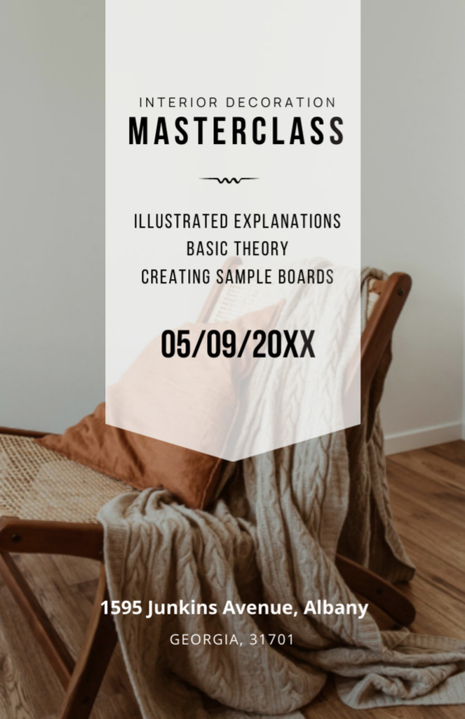 Interior Decoration Masterclass Announcement with Stylish Modern Chair Invitation 5.5x8.5inデザインテンプレート