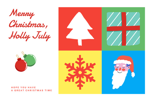 Merry Christmas In July Greeting With Cute Colorful Symbols Postcard 4x6in Design Template