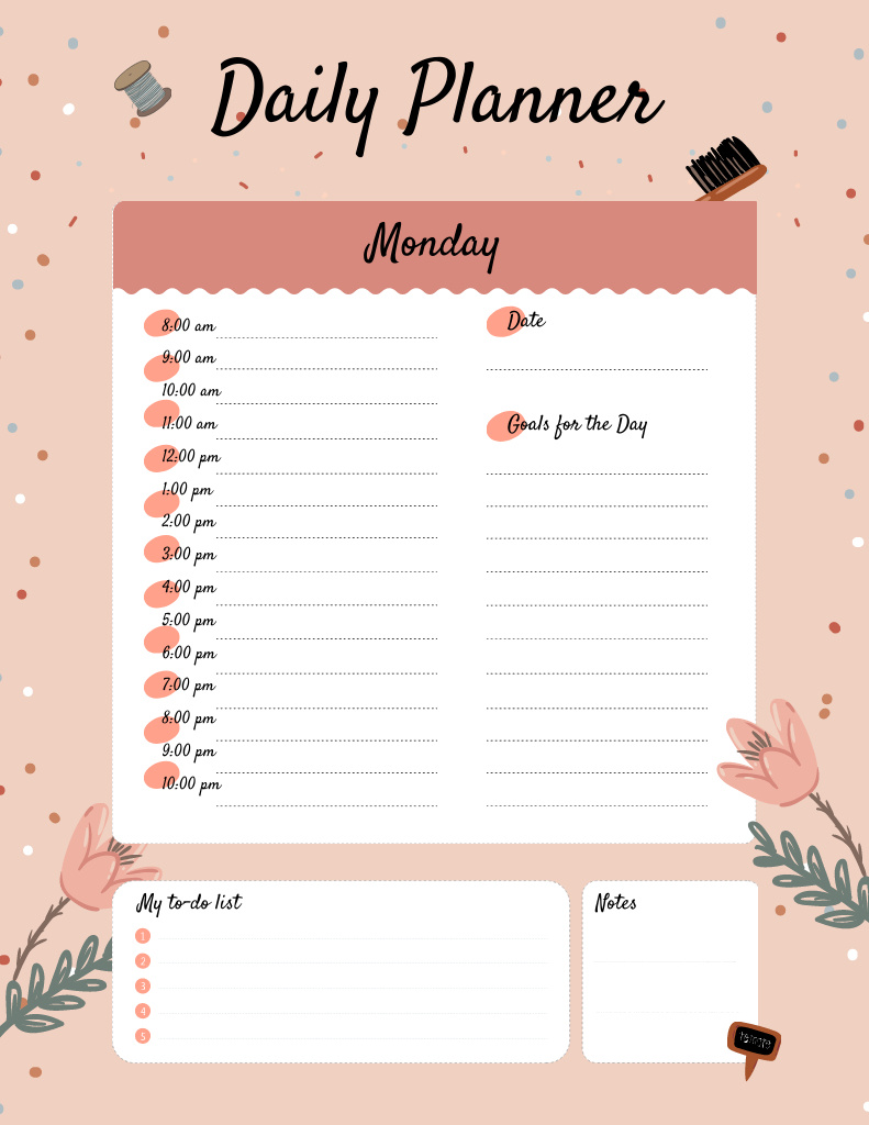 Designvorlage Daily Planner with Home Supplies and Flowers für Notepad 8.5x11in