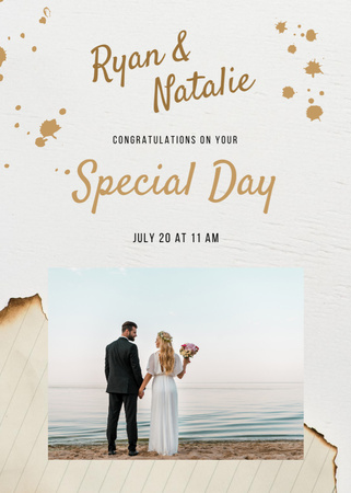 Ontwerpsjabloon van Postcard 5x7in Vertical van Bruiloft Groet Met Gouden Verlovingsringen In Nest