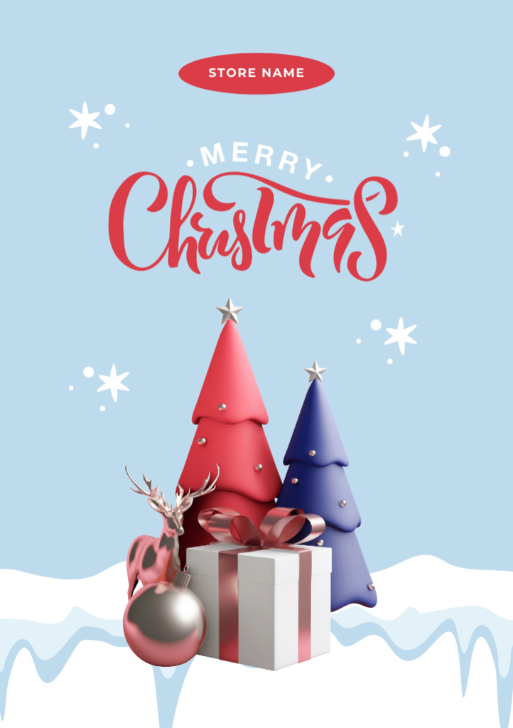Christmas Greeting with Trees and Reindeers on Snow Postcard A5 Vertical – шаблон для дизайну
