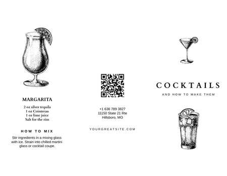 Illustrated Cocktails In Glasses Menu 11x8.5in Tri-Fold Design Template