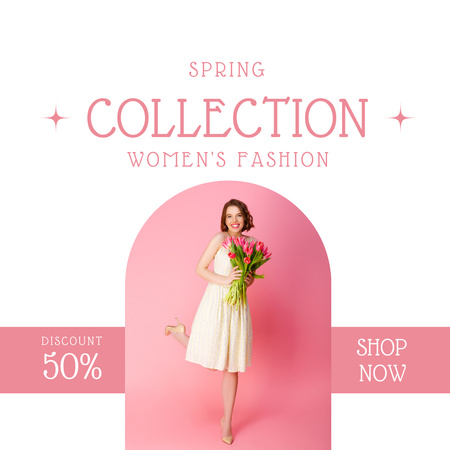 Spring Sale Fashion Collection with Woman with Tulip Bouquet Instagram AD Design Template