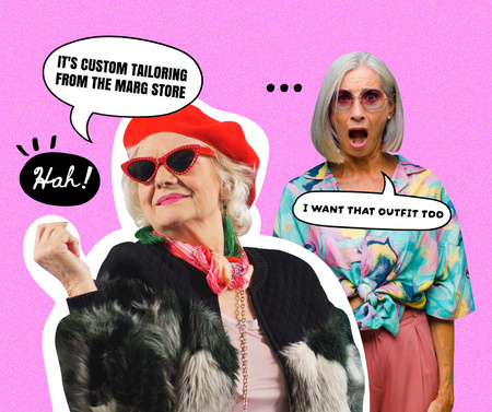 Ontwerpsjabloon van Facebook van oude vrouw blij over haar aangepaste outfit
