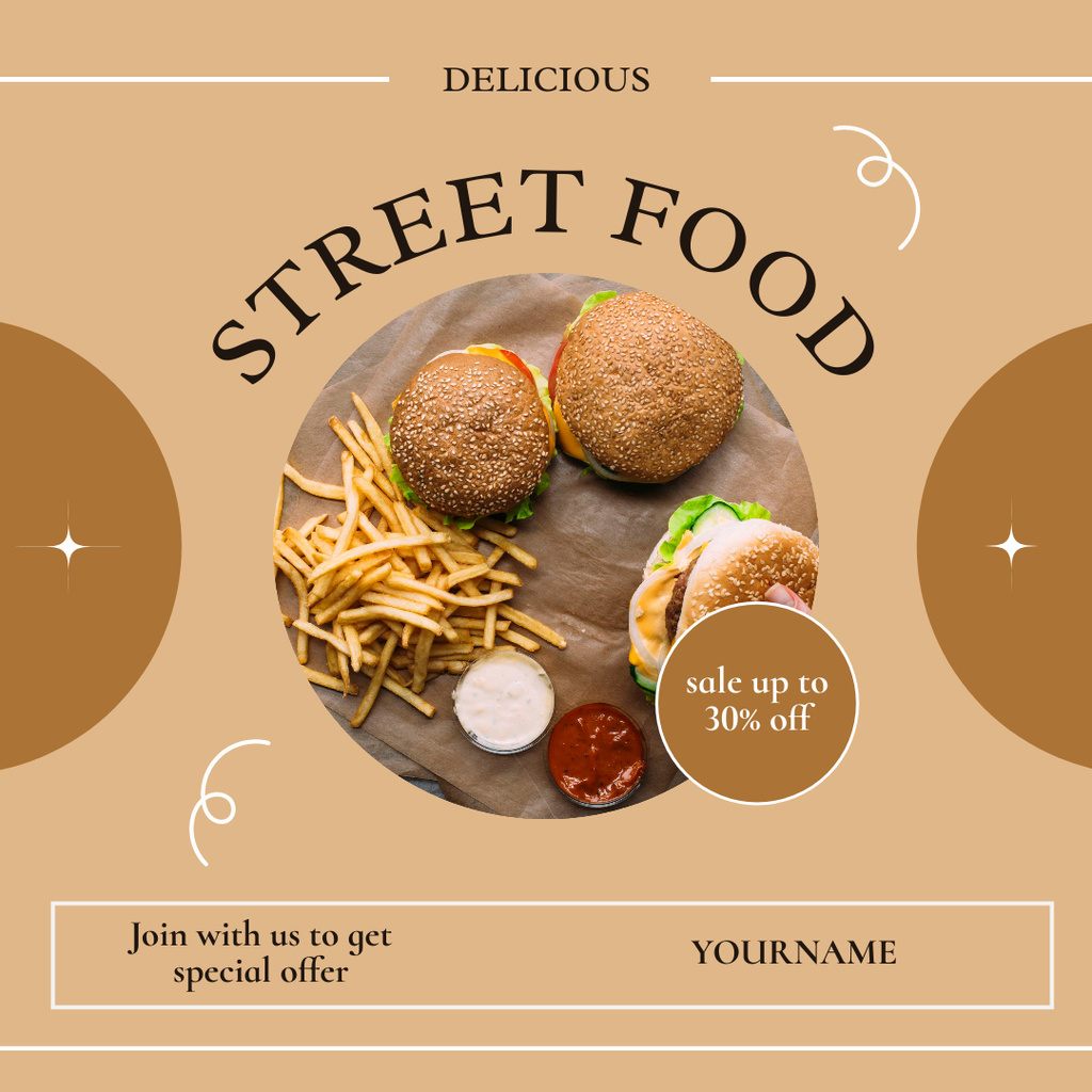 Street Food Offer with Tasty Burgers and French Fries Instagram Design Template
