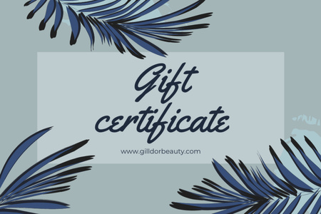 Ontwerpsjabloon van Gift Certificate van cosmetische producten aanbieding met tropische bladeren illustratie
