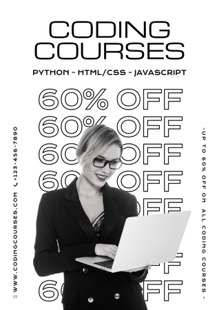 Kedvezmény a kódoló tanfolyamra laptopot használó nővel Poster tervezősablon