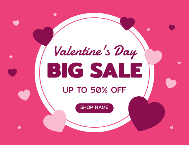 Valentine's Day Big Sale With Hearts in Pink Thank You Card 5.5x4in Horizontal Design Template