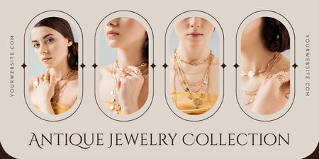Designvorlage Antiquitäten-Schmuck-Kollektion mit Halsketten und Ringen für Twitter