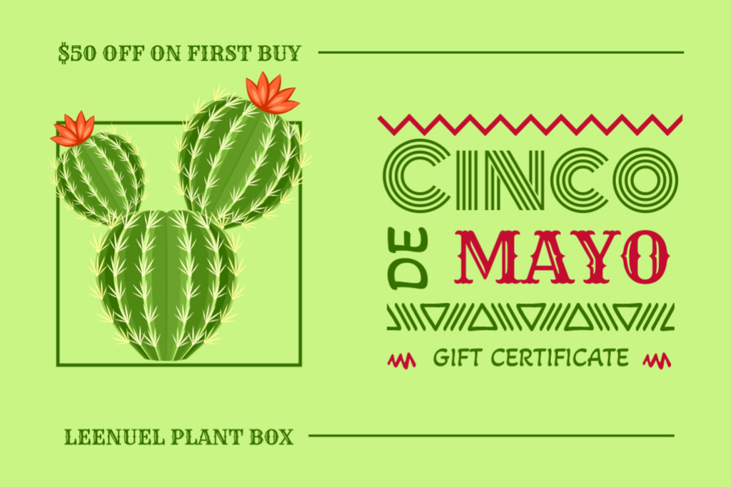 Ontwerpsjabloon van Gift Certificate van Cinco de Mayo Offer with Cactus