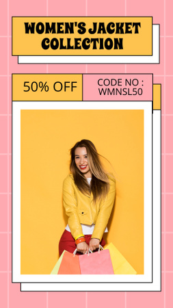 Designvorlage Stilvolle Frau im gelben Outfit mit Einkaufstaschen für Instagram Story