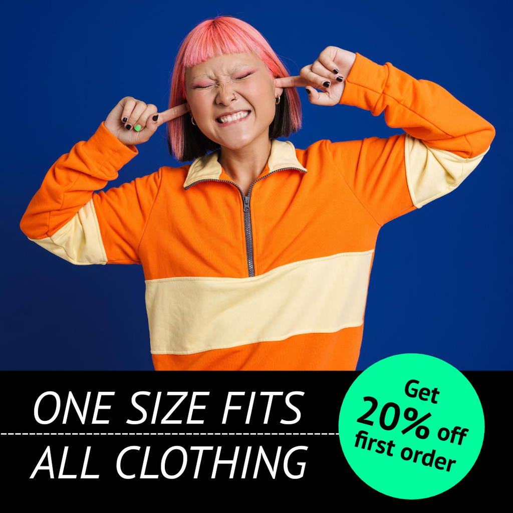 One Size Clothing Ad with Stylish Bright Woman Instagram Πρότυπο σχεδίασης