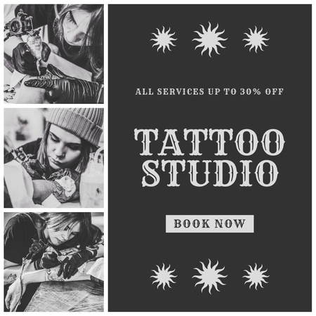 Ammattimainen tatuointistudio alennuksella kaikista palveluista Instagram Design Template