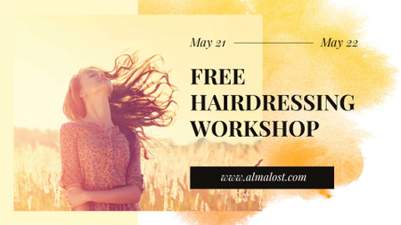 Hairdressing Workshop Ad with Young Girl in field FB event cover Design Template
