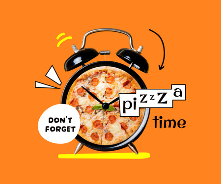 Funny Illustration of Pizza on Alarm Clock Medium Rectangle Design Template