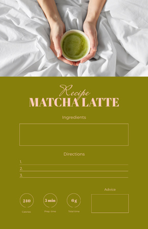 Woman holding tasty Matcha Latte Recipe Card Design Template