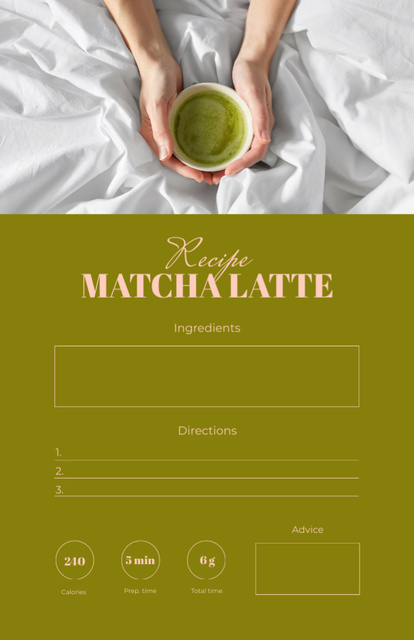 Woman Holding Tasty Matcha Latte Recipe Cardデザインテンプレート